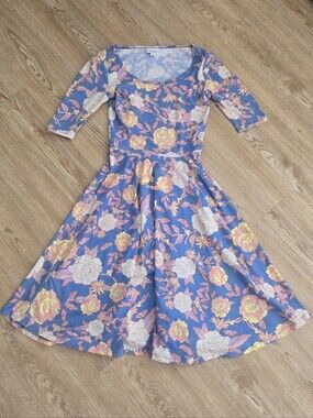 LuLaRoe Blue Floral Scoop-Neck Midi Dress with Pink and Yellow Blooms